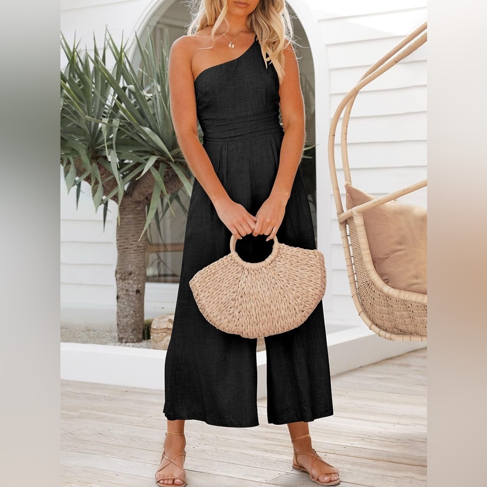 One Shoulder sleeveless High Waist Wide Leg Jumpsuit Romper pockets linen blend